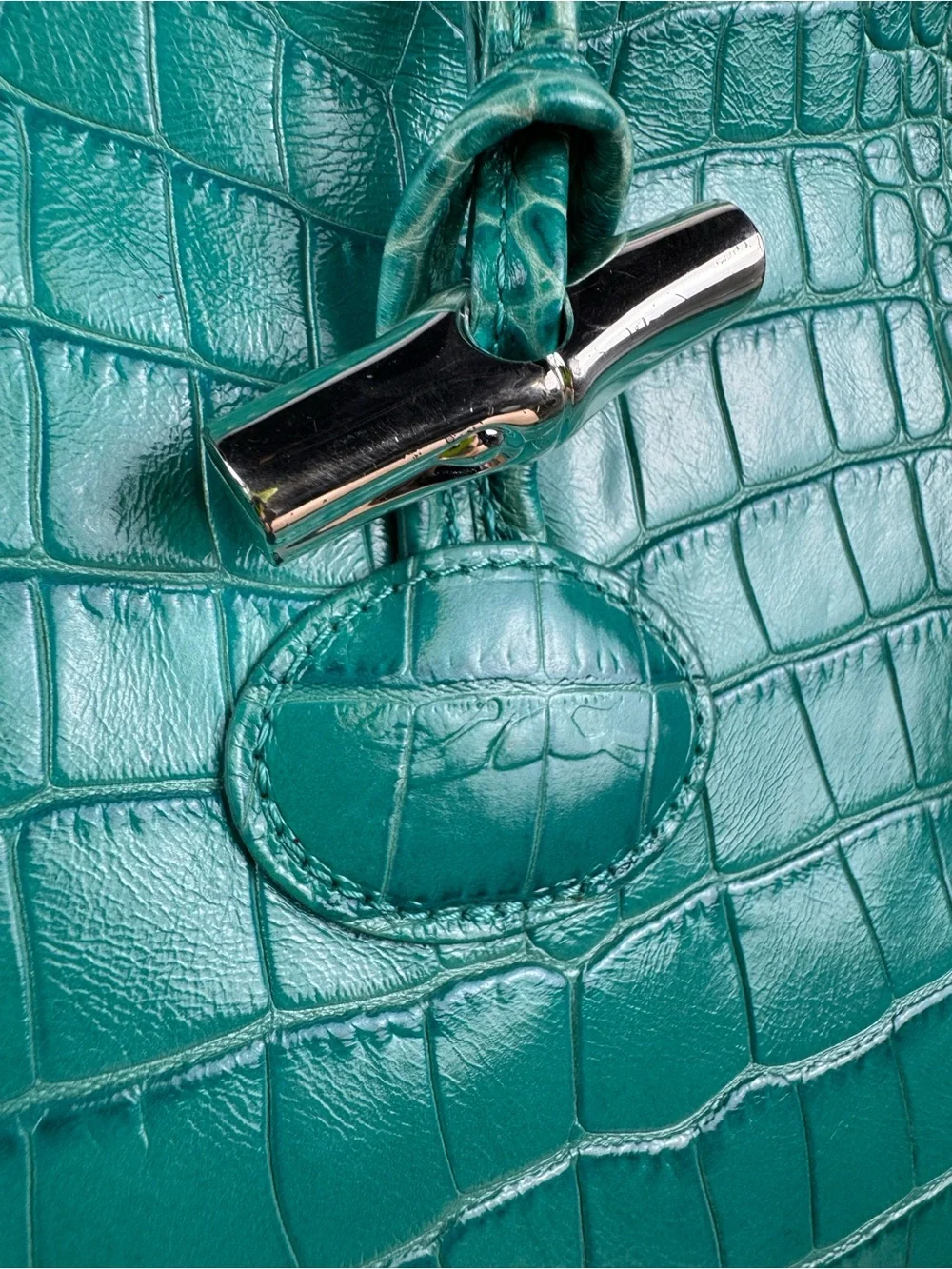 Longchamp Roseau Croc Embossed Leather Shoulder Bag Turquoise Teal France